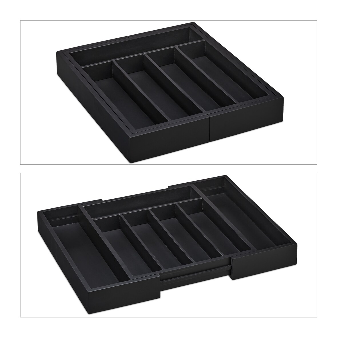 Relaxdays Besteckkasten Bambus, ausziehbar, 7 Fächer, Besteck & Küchenutensilien, HBT 5,5 x 31,5 - 48,5 x 37 cm, schwarz