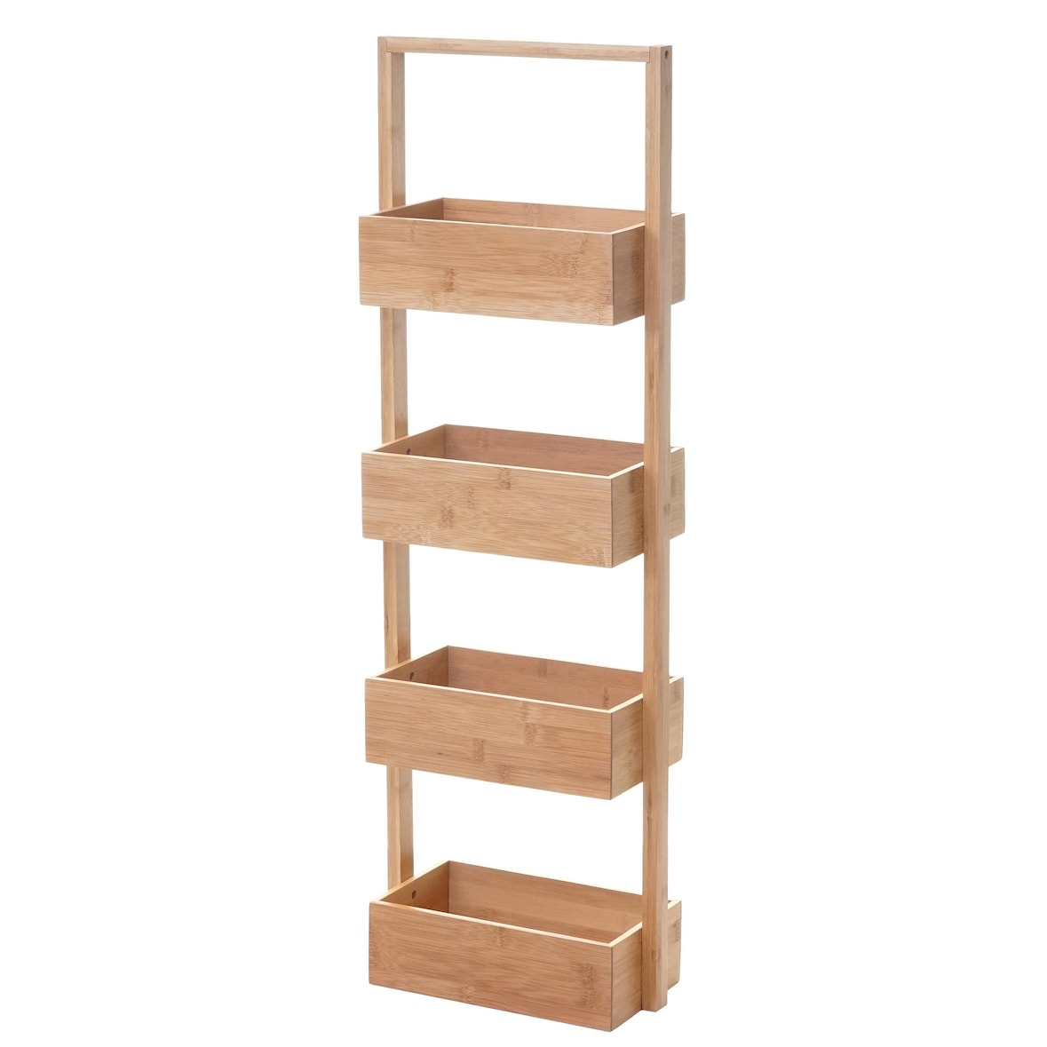 Estantería HWC-B78, estantería de suelo estantería de baño estantería de almacenaje estantería de estar con 4 cestas, bambú 88x28x15cm