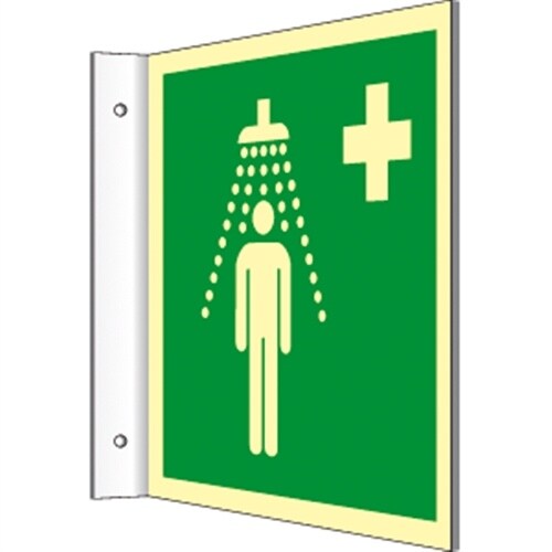 Fahnenschild Notdusche, ISO 7010, Kunststoff, nachleucht., 160-mcd, 200x200 mm