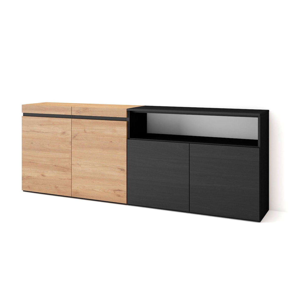 Dressoir, Opbergkast, Buffetkast, Sideboard, 200x35x75cm, 4 Deuren, Woonkamer, hal, Moderne stijl, Eiken/Zwart _ 62_13