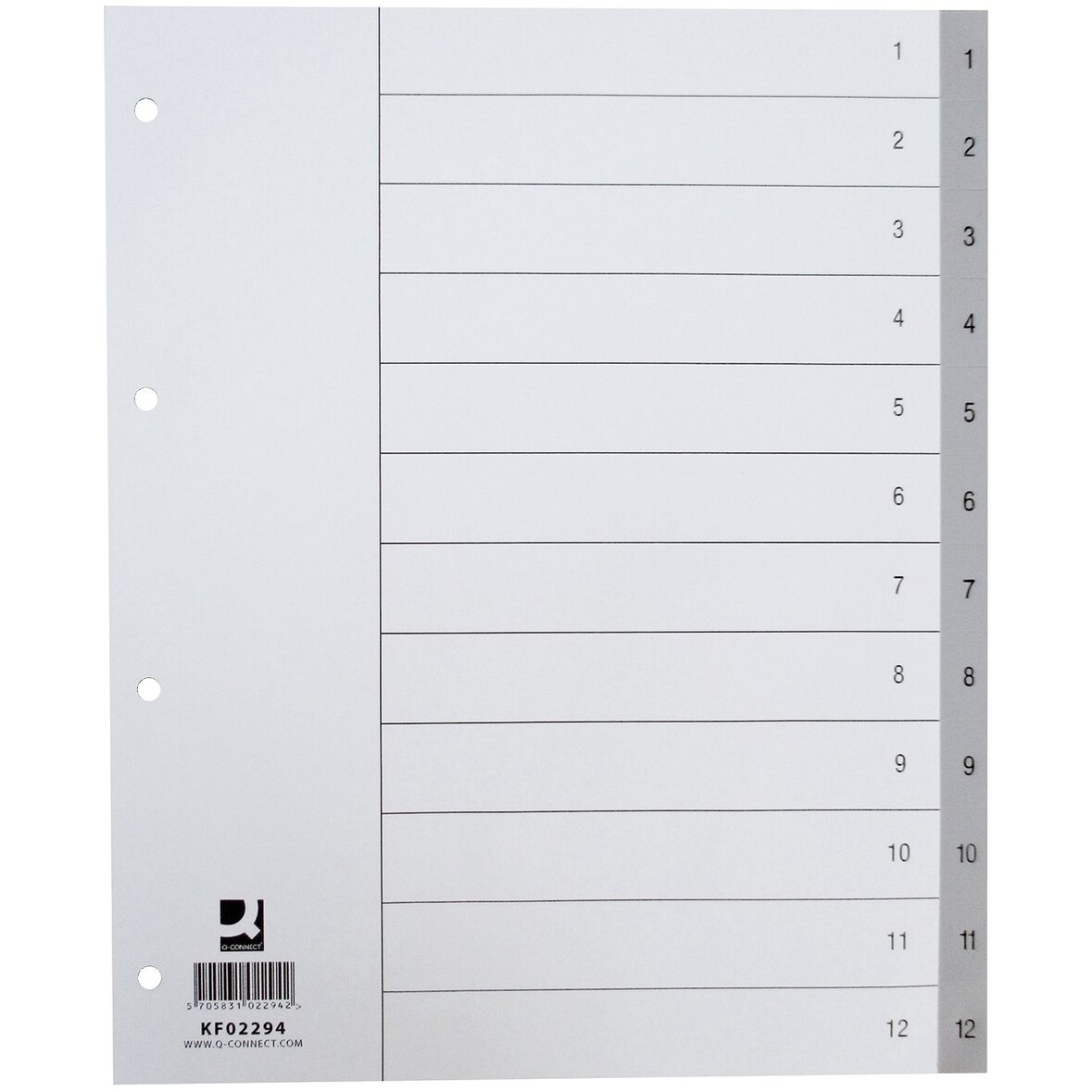 Q-Connect® KF02294 Zahlenregister - 1 - 12, PP, A4 Überbreite, 12 Blatt, grau