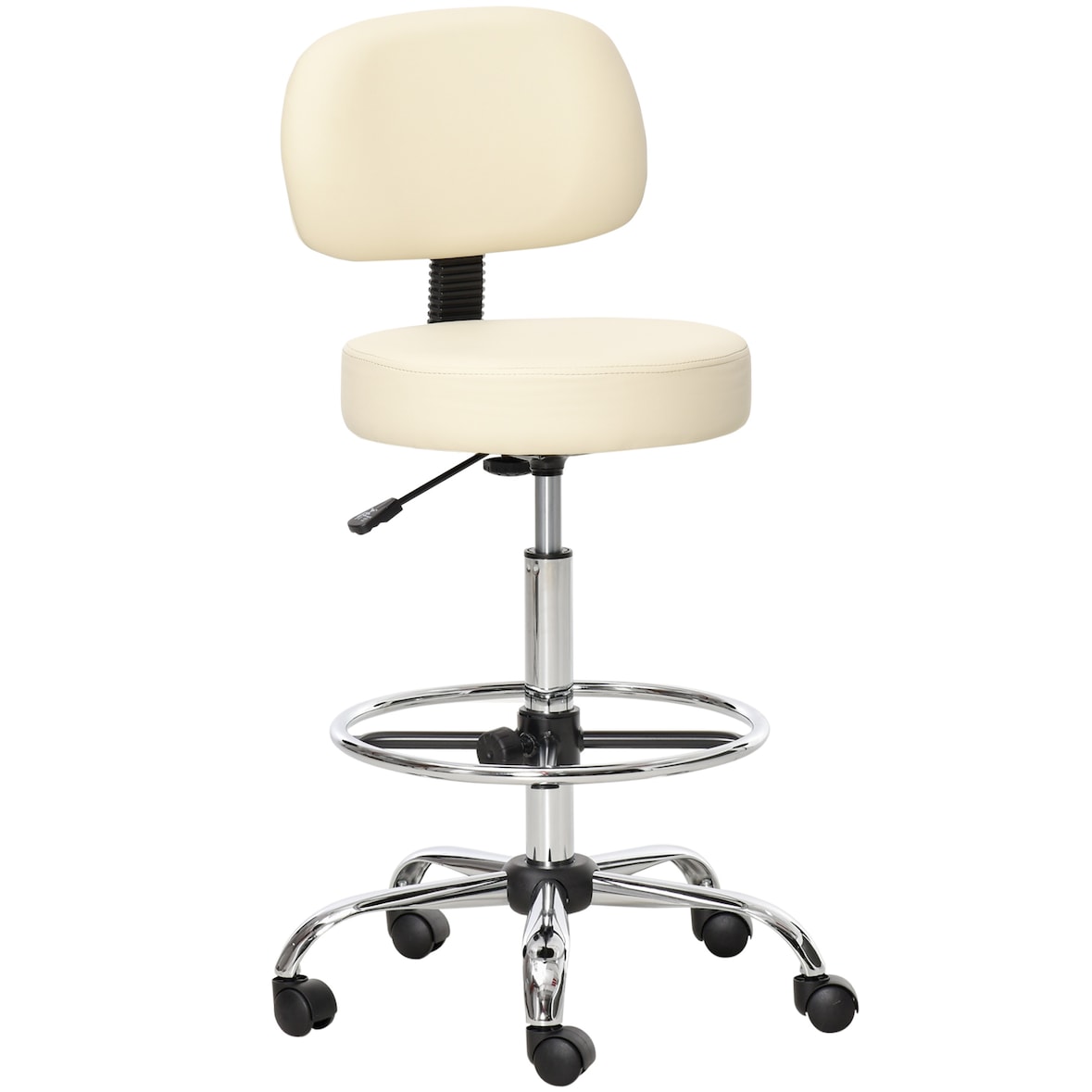 Barhocker drehbar höhenverstellbar mit Lehne und Rollen Beige 57x56x127 cm Kunstlederbezug Stahlgestell für Küche und Bar