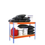 thumbnail of Schwerlastregal, 900x1200x600 mm, 600 kg Biegetragfähigkeit pro Boden, 2 Holzböden, Garagenregal, Blau/Orange/Holz - Simonforte