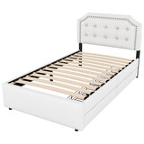 thumbnail of Polsterbett 90x200 mit Stauraum, Bettgestell mit zwei Schubladen, verstellbarer Nachttisch, gepolstertes Einzelbett mit Leinenbezug Hellbeige
