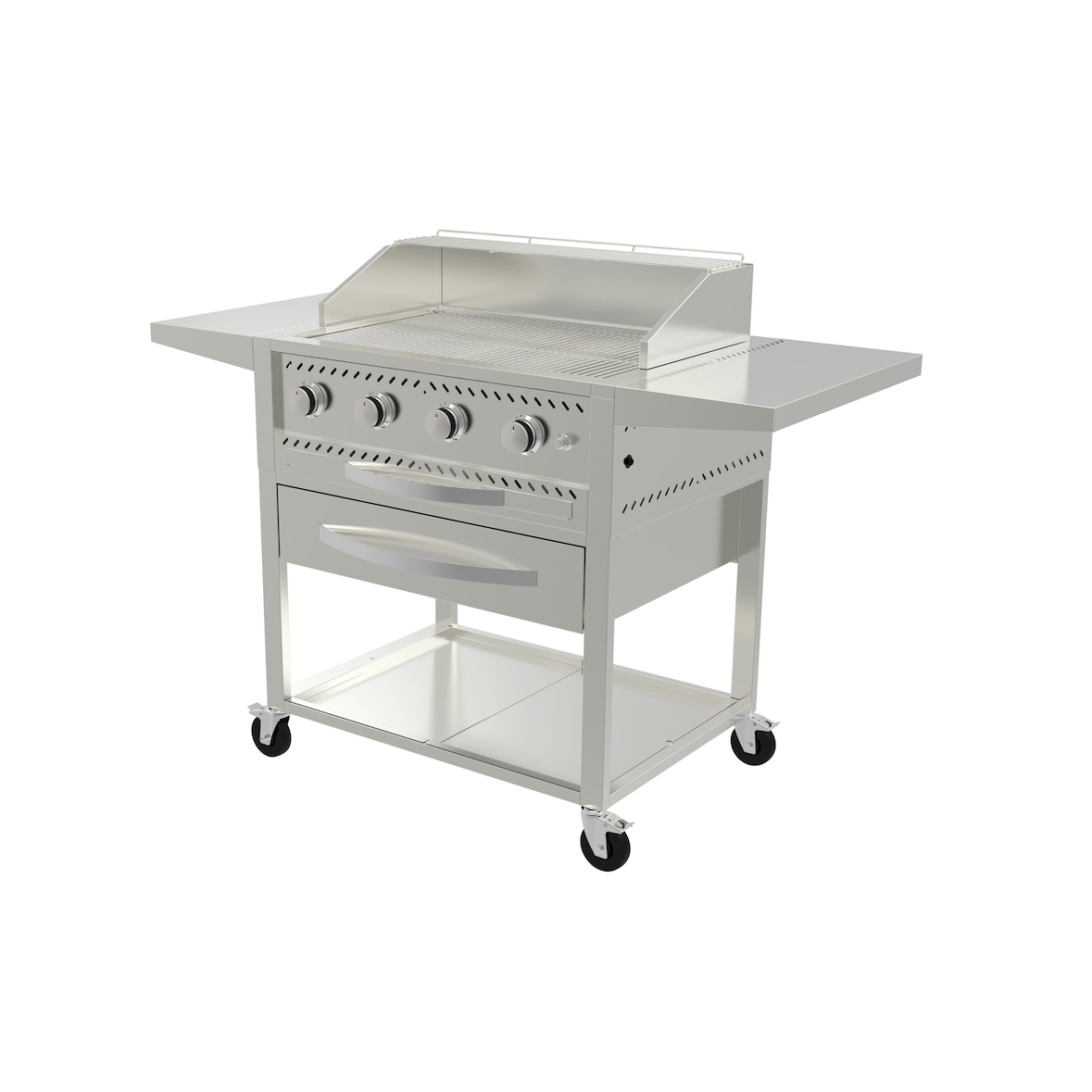 METRO PROFESSIONAL 4-branders gasbarbecue met grillplaat, grilloppervlak 49 x 76 cm, zijtafel, verrijdbaar, staal, zilver