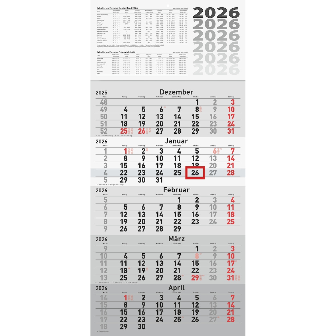 2026 Rido 5-Monatskalender grau 300×630 mm