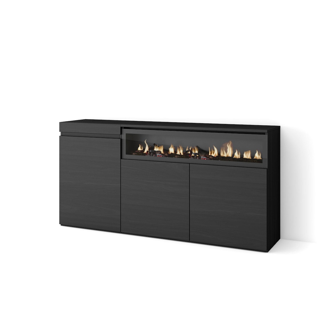 Dressoir, Opbergkast, Buffetkast, Sideboard, 150x35x75cm, 3 Deuren, Elektrische haard, Moderne stijl, Zwart _ 67_7