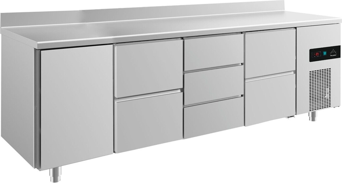 Gastro Kühltisch 1 Tür links je 2 Schubladen Mitte&rechts 3 Schubladen Mitte, Aufkantung, Umluftkühlung 2330x700x850mm -2/+8°C 632l