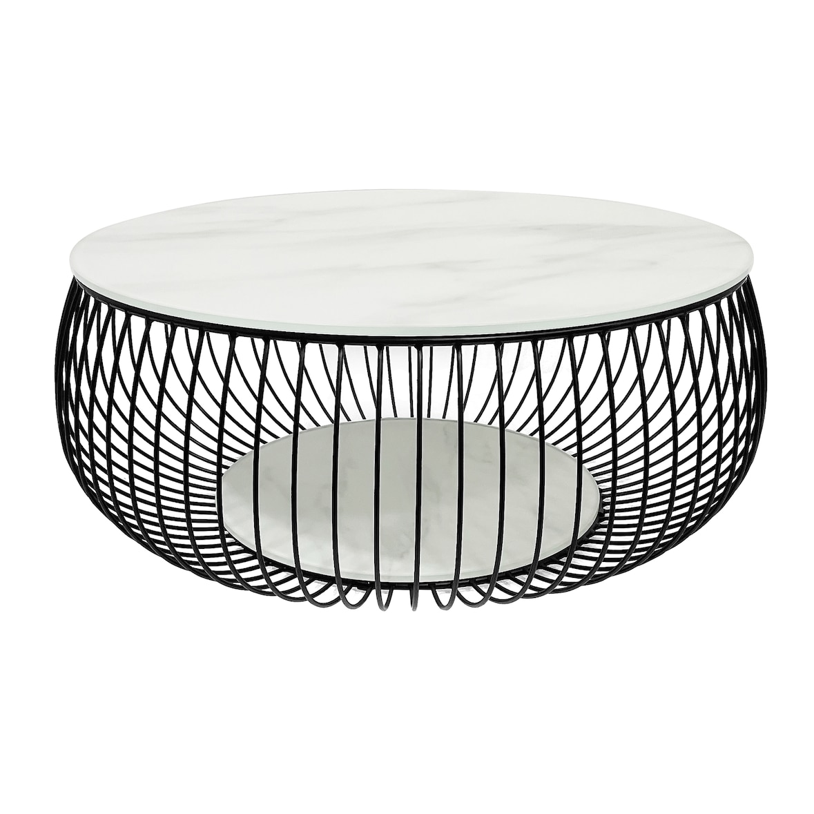 SalesFever Couchtisch Ø 86 cm rund |10 mm starke Klarglasplatte | Gestell Metalldraht | Schwarz/Weiß