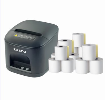 Pack ZAZOO: Impressora térmica de recibos 80mm + 100 rolos de papel térmico sem bisfenol