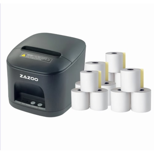 Pack ZAZOO: Impressora térmica de recibos 80mm + 100 rolos de papel térmico sem bisfenol