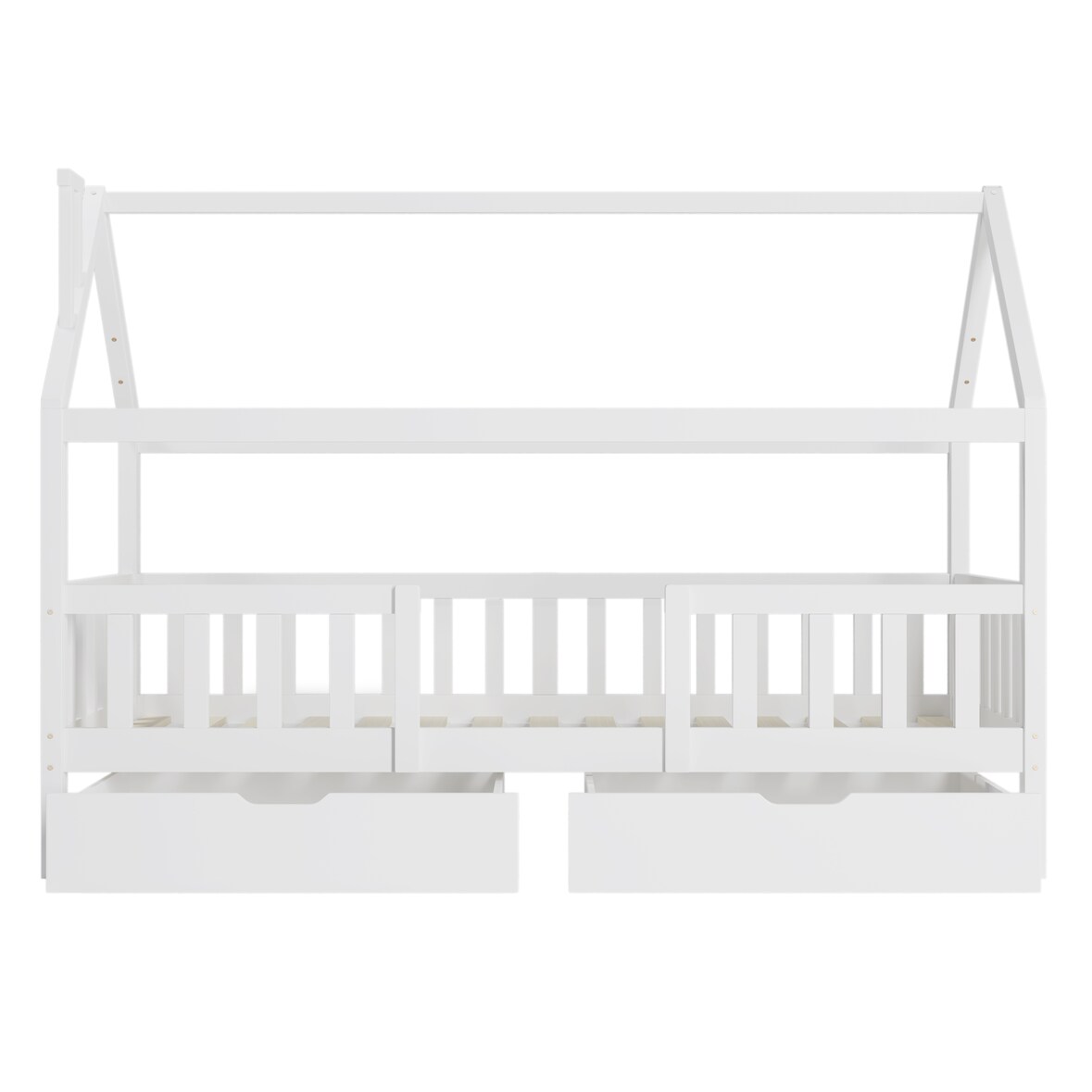 Merax Hausbett Massivholzbett, mit Rausfallschutz,Für Erwachsene,90 x 200 cm, mit zwei Schubladen, Weiß