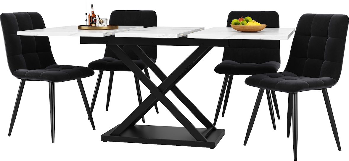 Essgruppe ausziehbar Esstisch mit 4 Samtstühlen 75x160x80 cm Weiß+Schwarz MDF Metall, modernes Set für Küche und Esszimmer