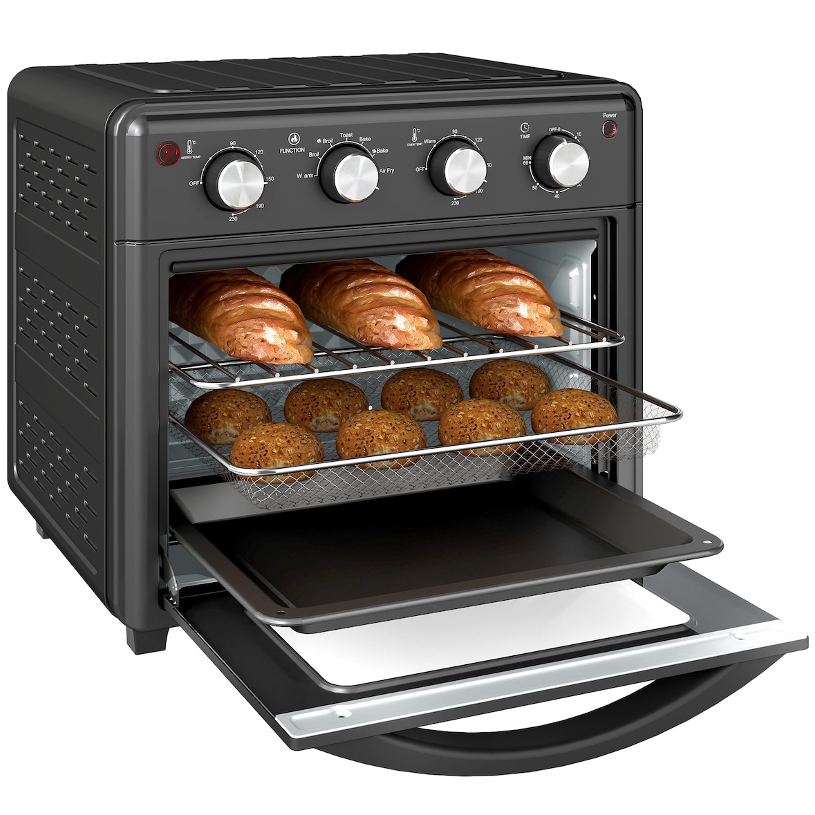 HOMCOM horno eléctrico multifunción de sobremesa mini horno tostador de 30L 1600W freidora de aire con 7 modos de calor y temporizador 43x39x39 cm