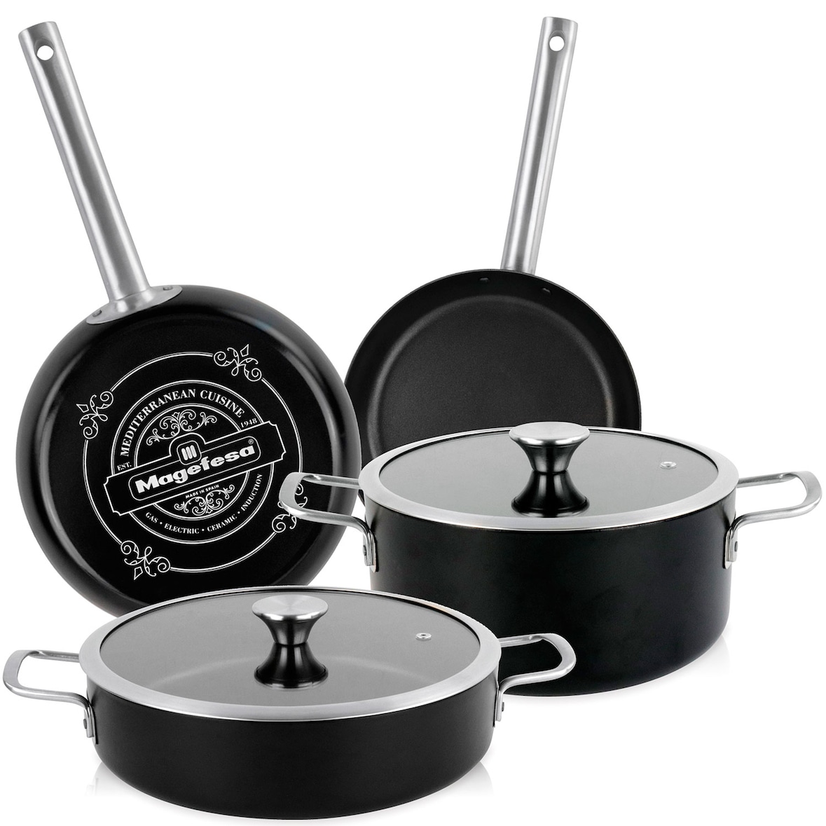 Magefesa Ares Set di Pentole Induzione 6-Piece Antiaderente Casseruoli, Padelle Design Vintage, Nero
