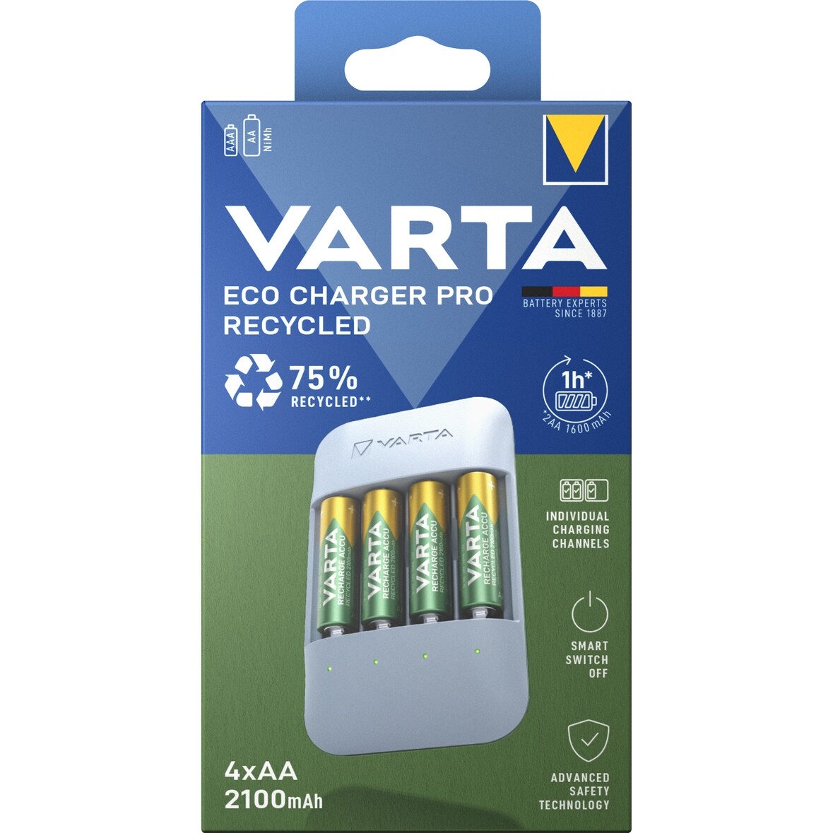 Varta Akku NiMH, Universal Ladegerät, Eco Charger Pro Recycled, inkl. Akkus, 4x Mignon, AA, 2100mAh, Retail
