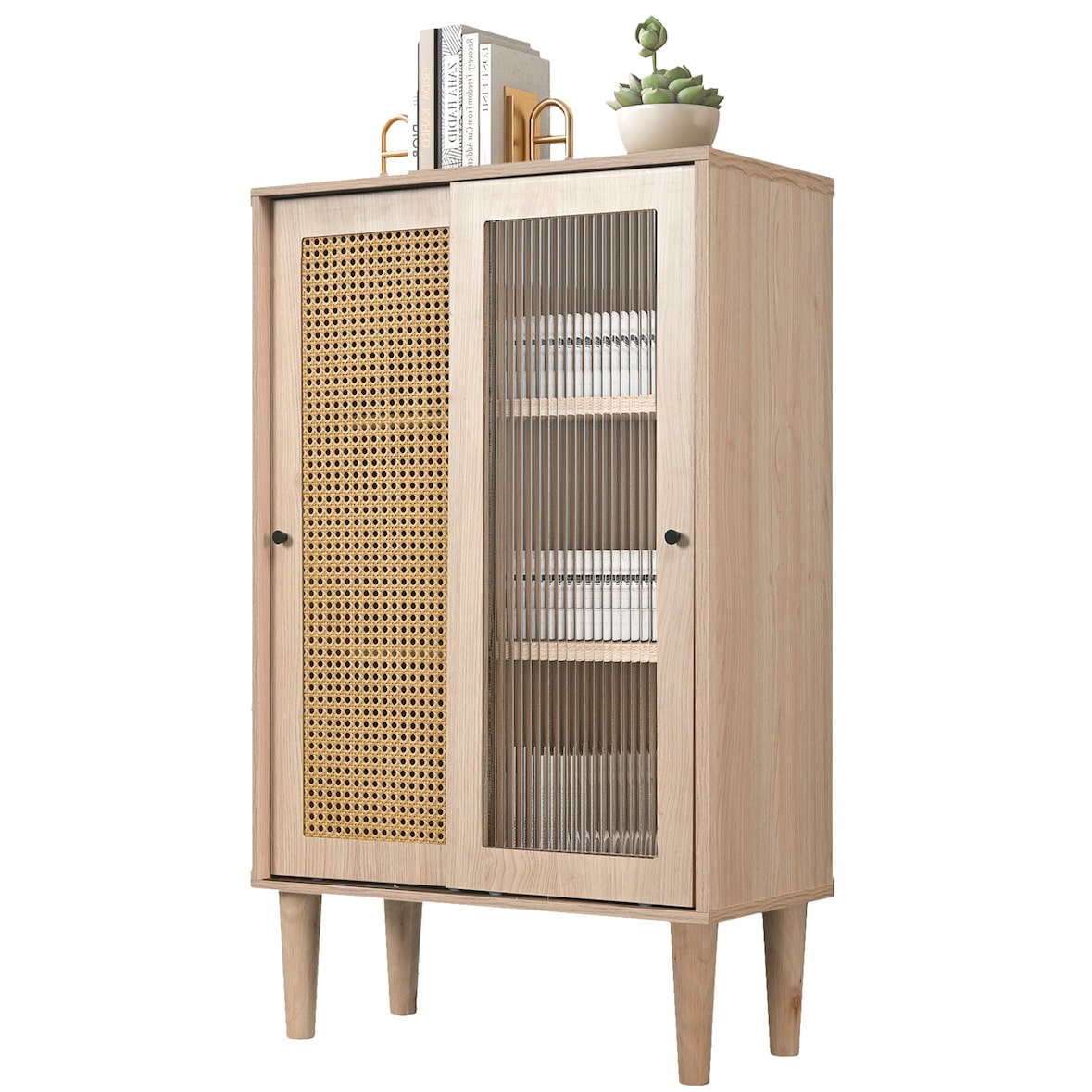 Merax 100 cm hohes holzfarbenes Sideboard mit Kunststoff-Rattantüren und Schiebetüren aus Glas, mit 6 Fächern hinter den Türen