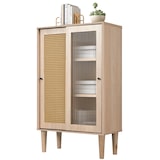 thumbnail of Merax 100 cm hohes holzfarbenes Sideboard mit Kunststoff-Rattantüren und Schiebetüren aus Glas, mit 6 Fächern hinter den Türen
