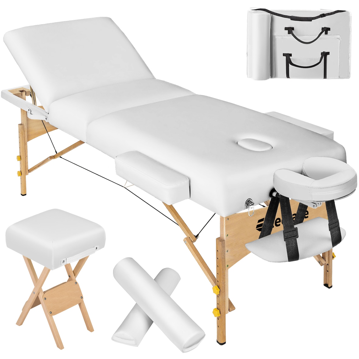 3 Zonen Massageliege-Set mit 10cm Polsterung, Lagerungsrollen und Holzgestellweiß