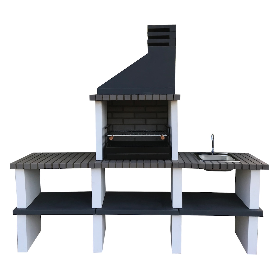 BBQ PARTNER - Barbacoa con 4 encimeras, construido con ladrillo gris y cemento, cemento pintado de blanco y negro - 219x57x209cm