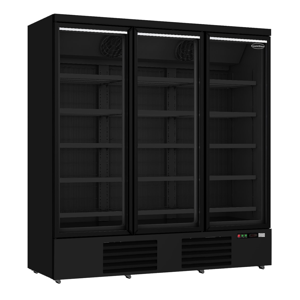 Tiefkühlschrank RHINO auf Rollen | 3x Glastür + LED | 1450 Liter, HxBxT 199,7x188x71cm | -18/-22°C | Schwarz + CHEFGASTRO Geschirrtuch