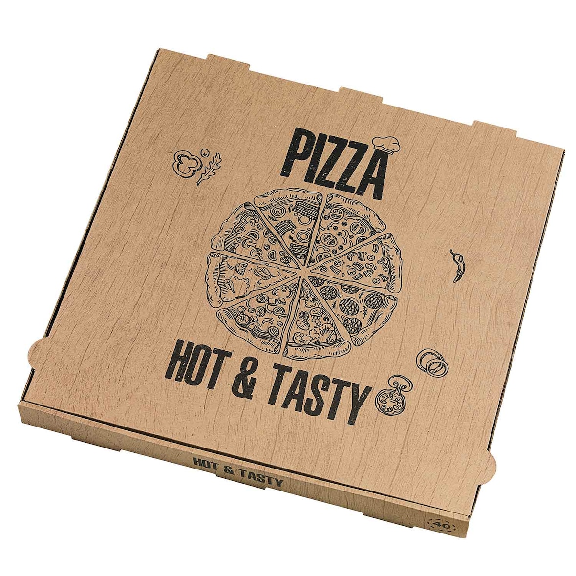 PACKNWOOD - 100u - Caja de cartón pizza decorada "Hot and Tasty"  400x400mm H40mm - 210BPZ40A