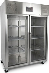 thumbnail of Romux® Kühlschrank mit 2 Türen Glastüren 148 cm mit Umluftkühlung | Gastro Kühlschrank aus Edelstahl mit 1300 L Kapazität - 6 Einlegeböden und 580 W