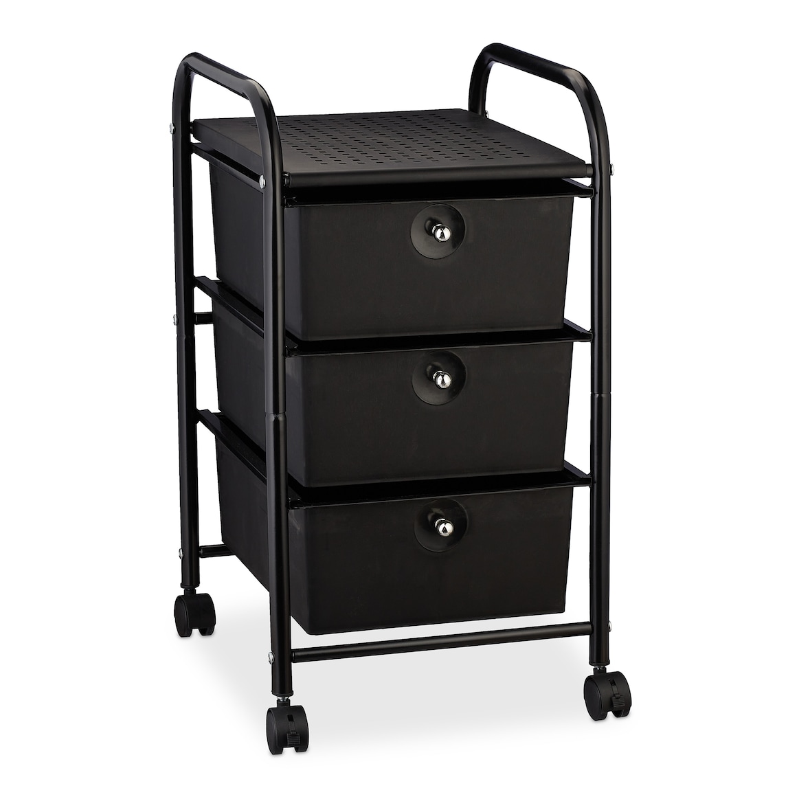 Relaxdays Badrollwagen, 3 Schubladen, Metall & Kunststoff, Rollcontainer Bad, Kosmetik, HxBxT: 60 x 33 x 39 cm, schwarz