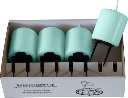 4er Set Adventskerzen mit Safety Clip und Kerzenstecker (Haltekrallen) Türkis 8 x ? 5 cm