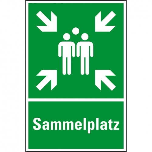 Schild I Rettungs-Kombischild Sammelstelle, Aluminium, vorgebohrt, 400x600mm, ASR A1.3, DIN EN ISO 7010 E003 und E007