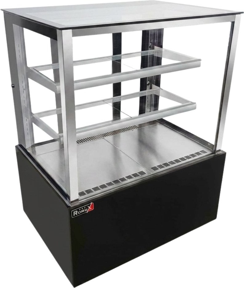 Romux® Vitrina Pastelera Expositora Refrigerada Cuadrada de Suelo 2 Estantes Negra 300 Litros Ventilada | Vitrina de Suelo Cristal Recto