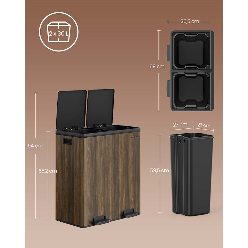 Poubelle De Cuisine Double Compartiment Acier – 2x30L, Avec Pédales Et Couvercle