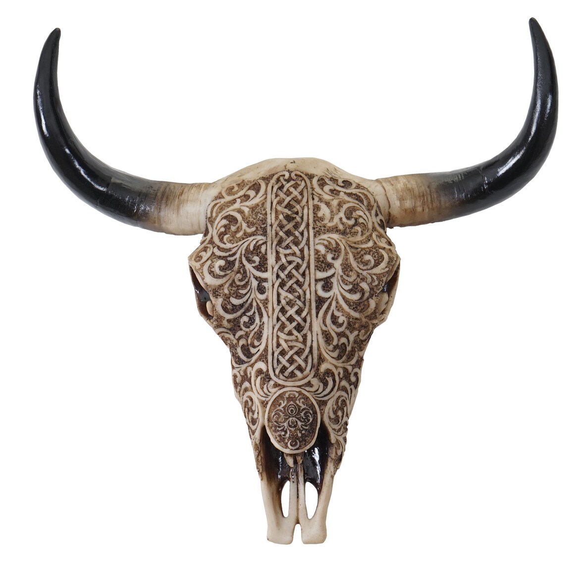 Décoshop26 - Tête de taureau décoration murale 31 cm trophée longhorn avec tribal en polyrésine intérieur/extérieur naturel 04_0002847
