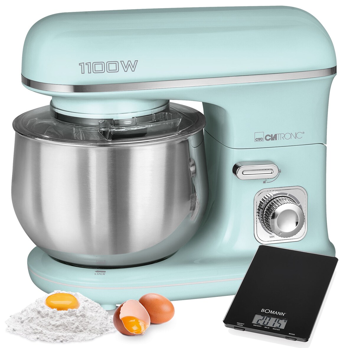Bomann KM 6030  Robot Batidora Amasadora Repostería, 5L, Velocidad Regulable Electrónica, 1100 W, Serie Rock & Retro, Estilo Vintage, Verde Menta