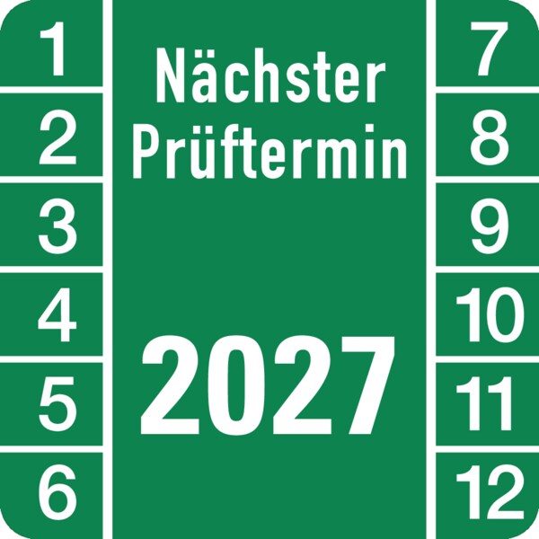 Prüfplakette ab 27, Nächster Prüftermin, Jahresfarben - Bogen = 10 Plaketten - 30 x 30 mm Folie selbstklebend