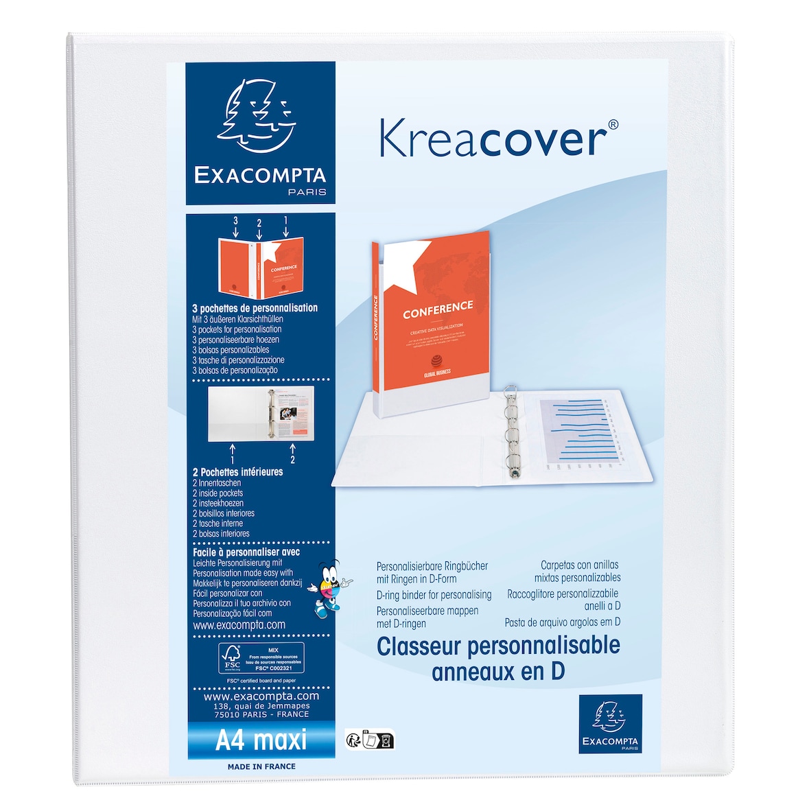 EXACOMPTA Classeur personnalisable KREACOVER 3 faces 4 anneaux Ø50 mm en D. En polypropylène Blanc.