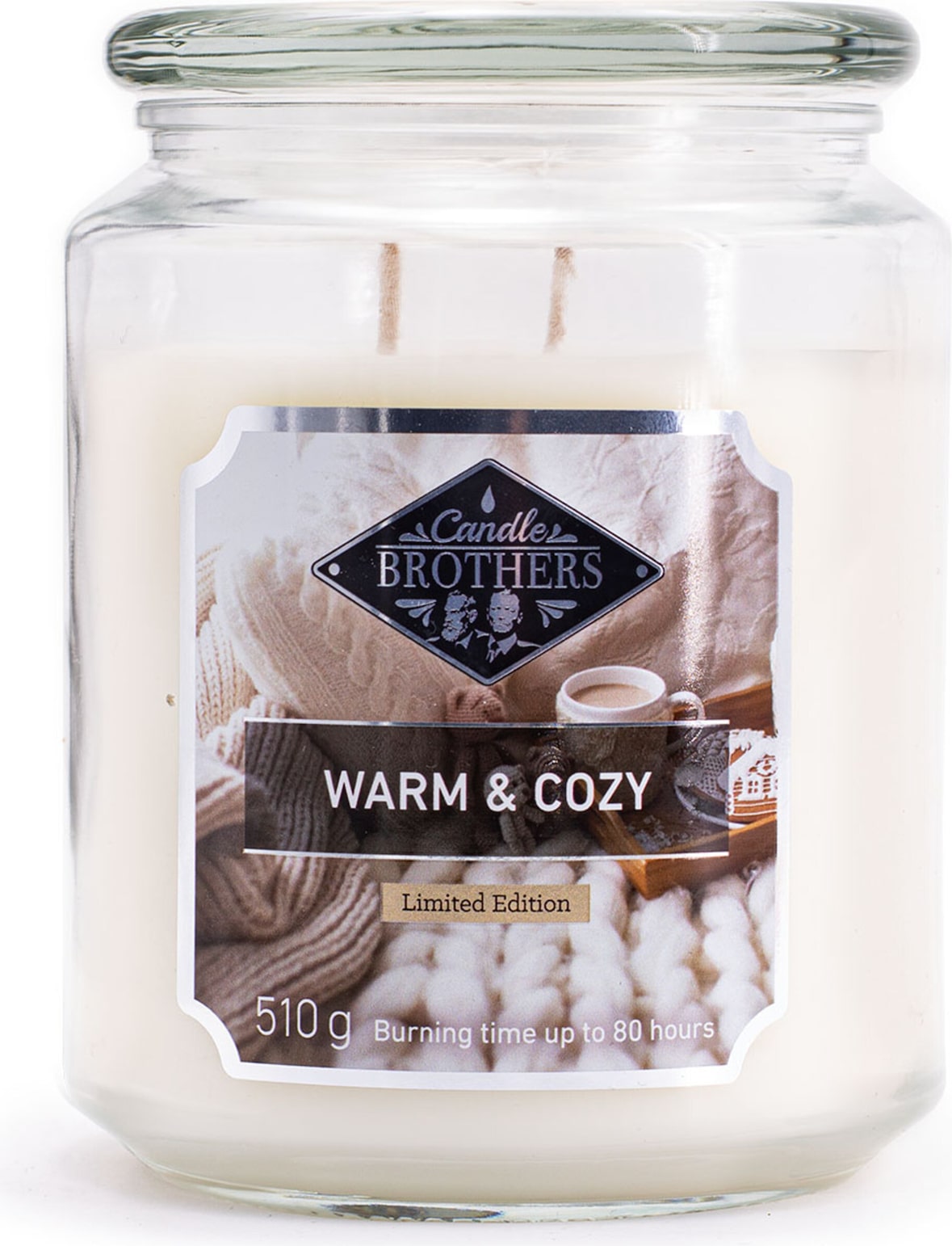 Warm & Cozy Duftkerze Candle Brothers, Kerze im Glas, 2 Dochte, 510g, 100h Brenndauer, Raumduftkerze