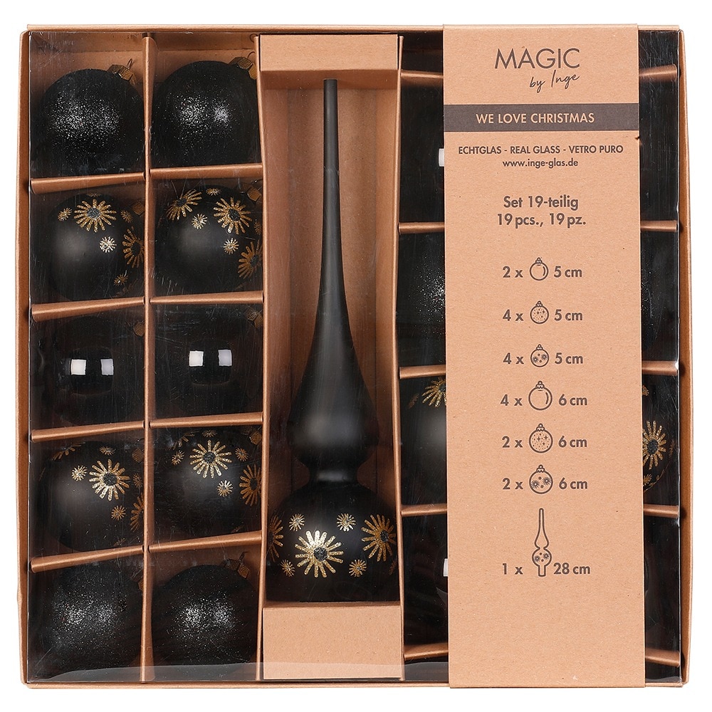 19 Weihnachtskugeln Christbaumspitze Glas Christbaumkugeln Set Ebony Black