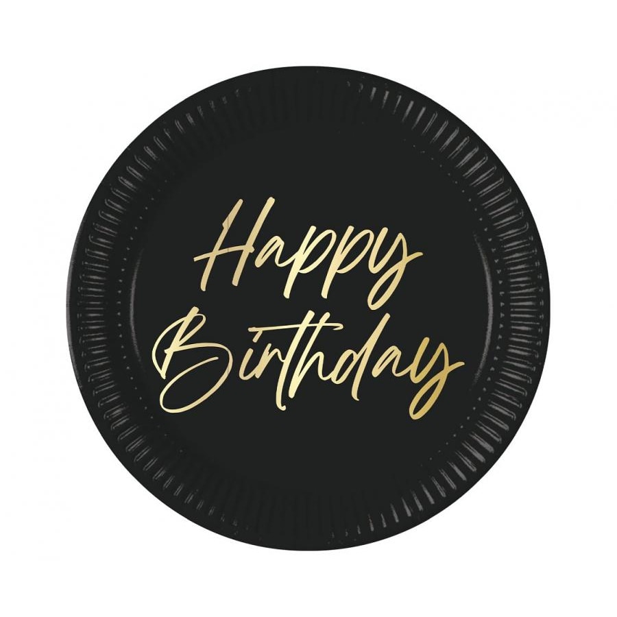 8 Teller Happy Birthday schwarz & gold