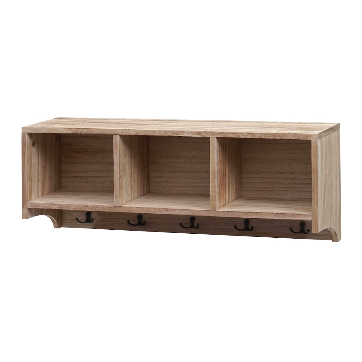 Estantería de pared HWC-K49, perchero Perchero de pared Estantería, 3 compartimentos de almacenaje 5 ganchos 30x80x20cm madera ~ marrón natural