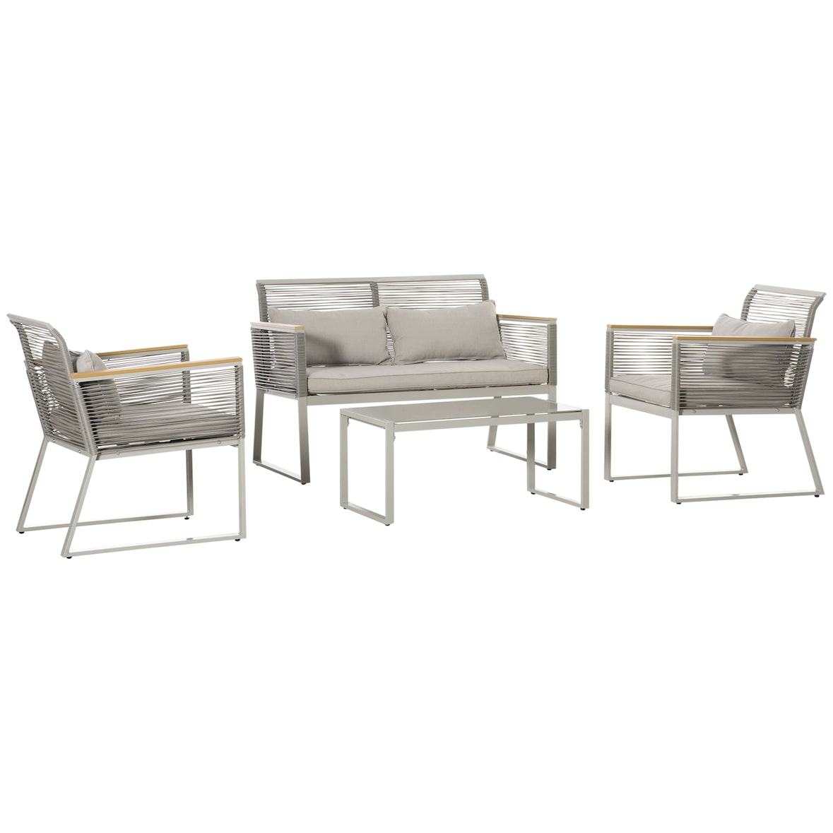 Outsunny Conjunto de Muebles de Jardín Ratán 4 Piezas Sofá  2 Sillones Individuales y Mesa de Café de Vidrio con Cojines Desenfundables para Terraza