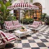 thumbnail of Now's Home - Parasol en tissu avec rayures coquelicot et blanc diam 240cm isola