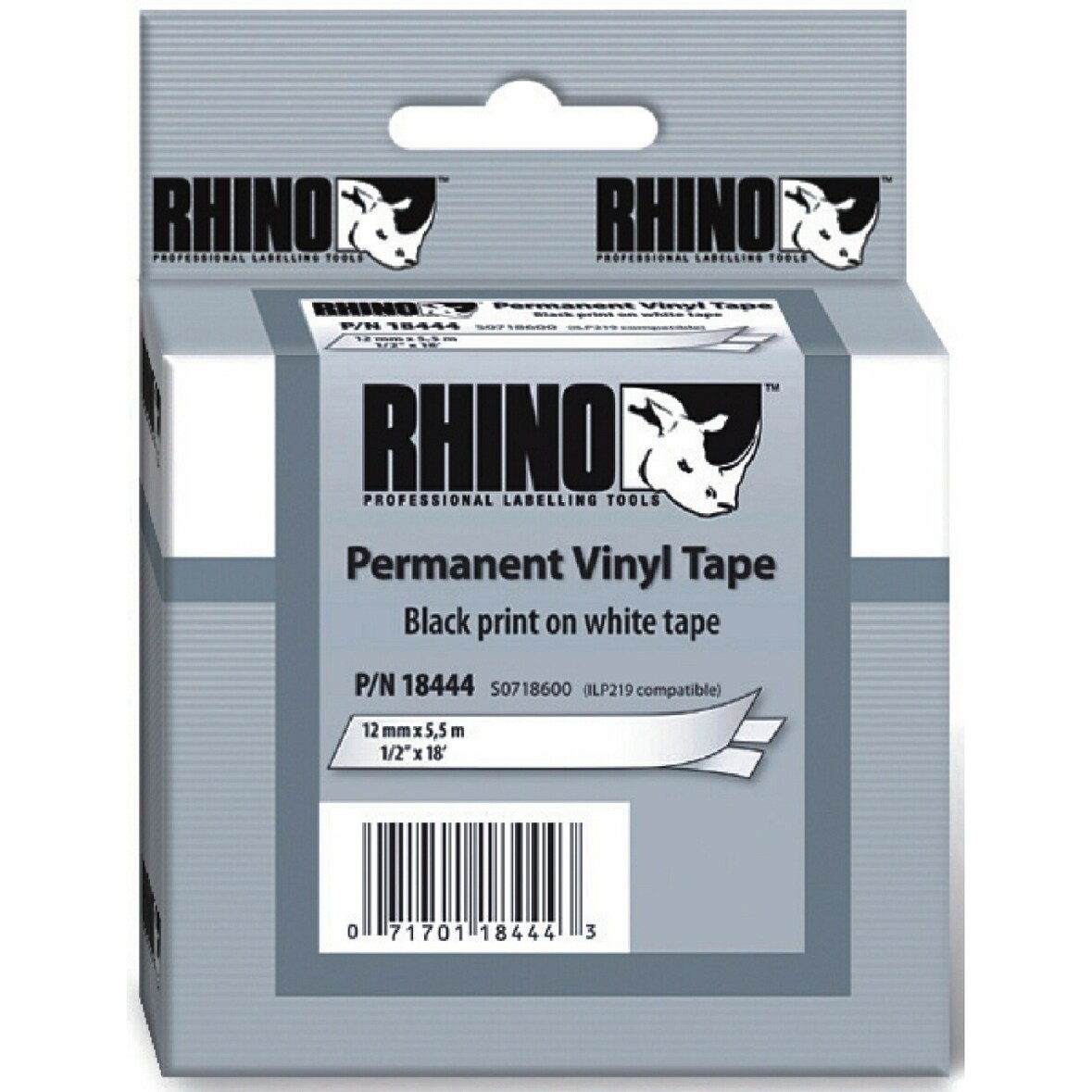 Beschriftungsband für Rhino 12mm Vinyl schwarz auf weiß Packung mit 5 Stück