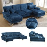 thumbnail of Merax U-Form Sofa, großes Chenille-Sektionssofa für 4-6 Personen, inklusive Rückenkissen und Wurfkissen, Blau