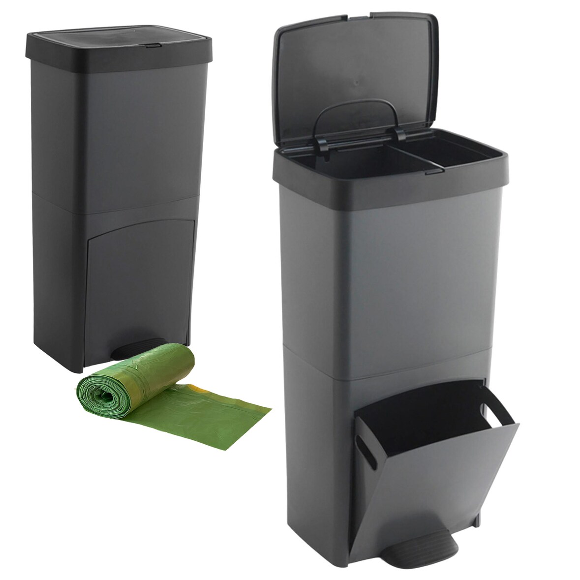 SP BERNER - Cubo de Basura Vertical 70L de 2 Compartimentos (40L + 30L) Antracita con Bolsas de Basura Autocierre 40L