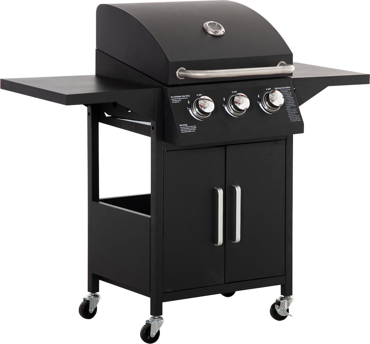 Outsunny barbacoa de gas con 3 quemadores termómetro 2 parrillas de gas con 2 mesas laterales armario de 2 puertas 4 ruedas frenos para BBQ