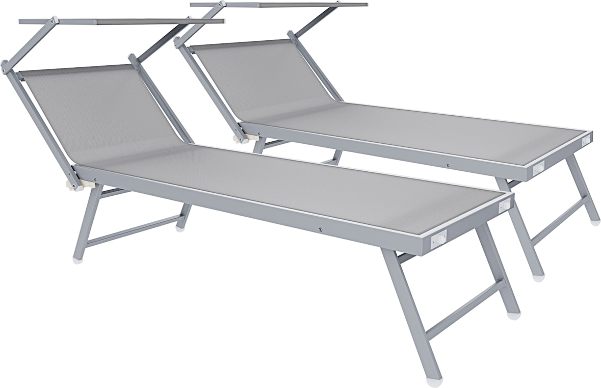 Coppia Di Lettini Prendisole Pieghevole Professionale in Alluminio e Tessuto Textilene Tettuccio Parasole Sdraio Mare Spiaggia 182x60x38 cm Grigio