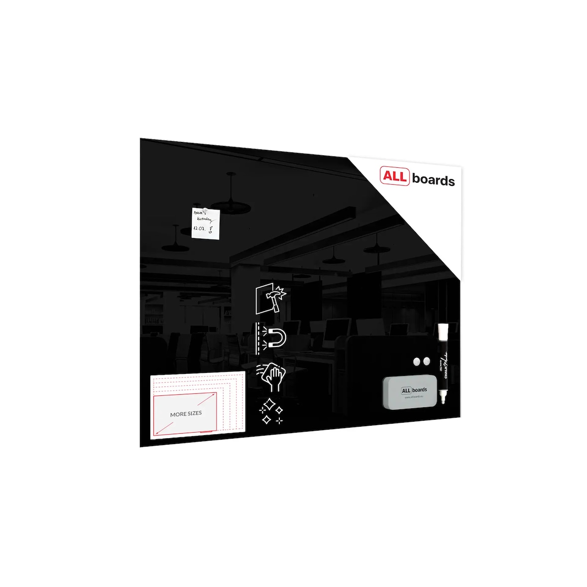 ALLboards Lavagna in vetro nera magnetica 120x90 cm CLASSIC