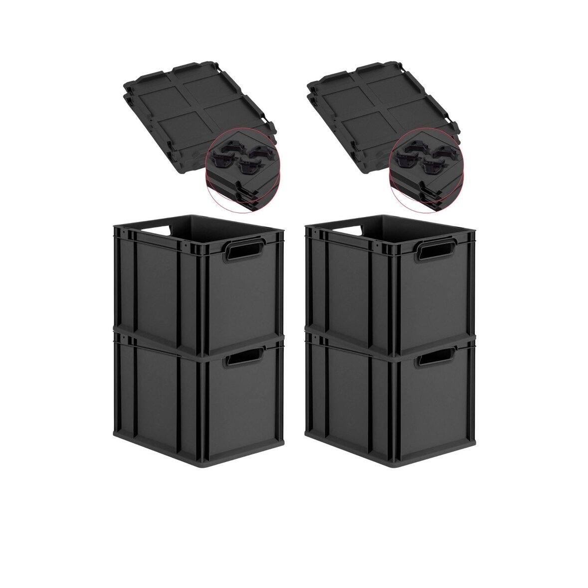 PROREGAL SuperSparSet 4x Eurobox NextGen Grip mit Auflagedeckel & 4 schwarzen Verschlüssen, HxBxT 32x30x40cm, 30L, Schwarz, Griffe offen, Eurobehälter