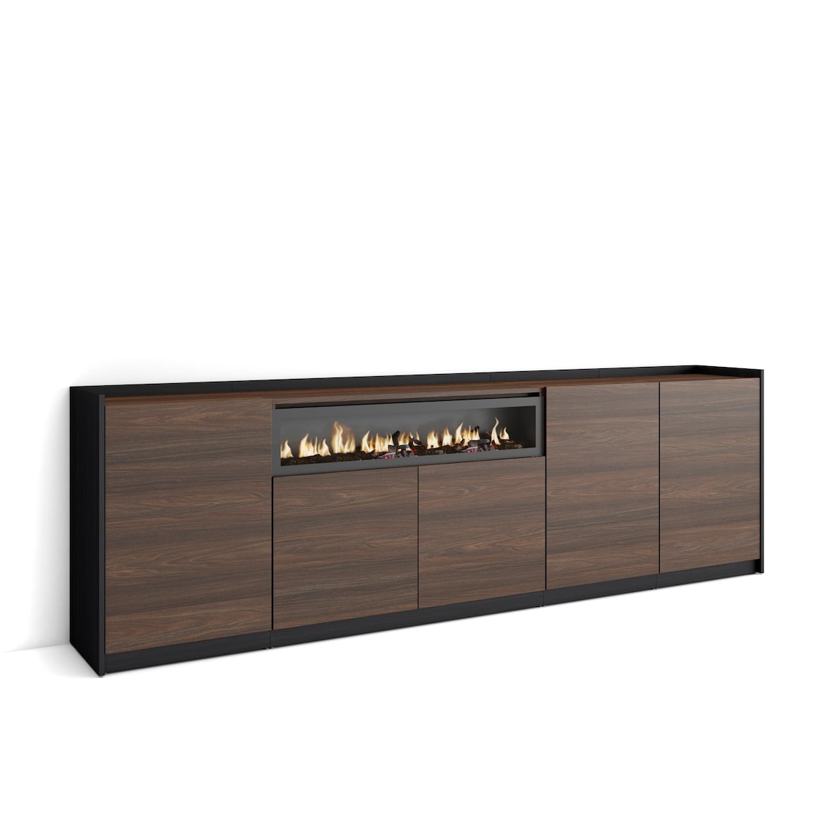 Sideboard, Highboard, 260x80x37 cm, 5 Türen, Elektrokamin., Dunkler Eiche und Schwarz